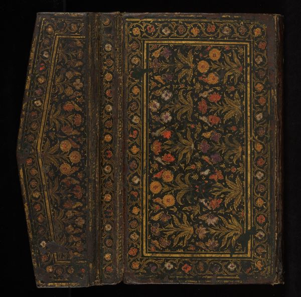 Original, red leather painted black with red leather doublures over paste boards in an Islamic-style binding incorporating an envelope flap on the front cover
central panels on front, back and envelope flap, decorated with multicoloured flowers and birds outlined in gold, border of stylised multicoloured flowers outlined in gold