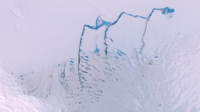 Pooled meltwater and slush on the Nivlisen Ice Shelf. Contains modified Copernicus Sentinel data [2020], processed by Rebecca Dell