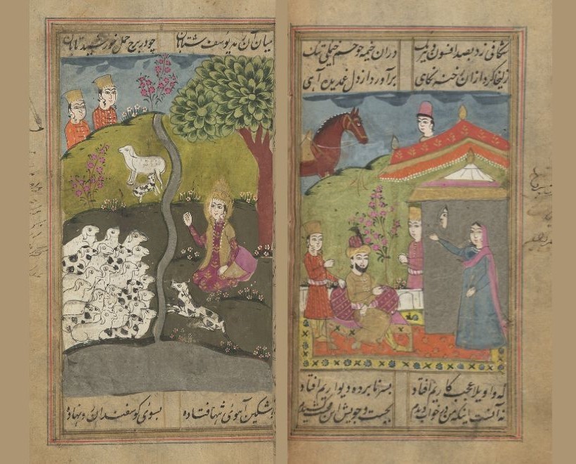 Colourfully illustrated manuscript showing figures in nature intercating with sheep and a horse.