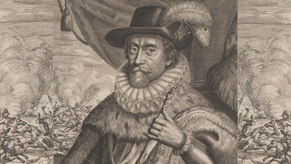 Engraving by 17th century anonymous Dutch artist: King James VI & I