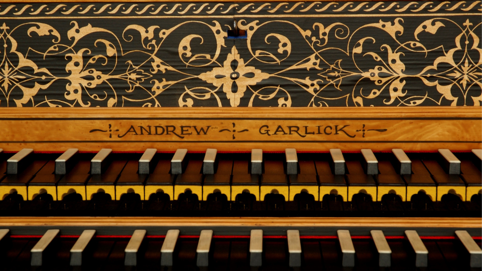 Trinity Hall harpsichord by Andrew Garlick: a close-up of the keys