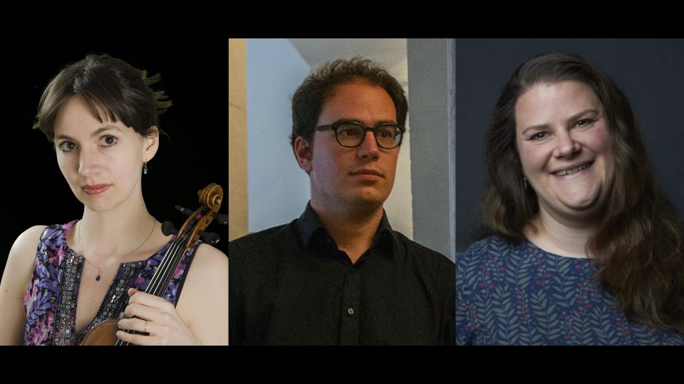 Odysseus Piano Trio: Sara Trickey, Domonkos Csabay, and Rosie Biss (left to right)