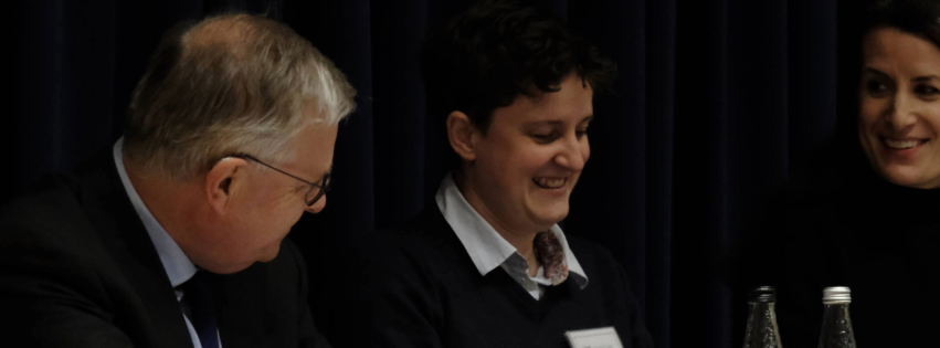 Pictured from left to right: HHJ Mark Bishop, Dr Rachel Tolley and Dr Kate Leader, sitting at a panel discussion.