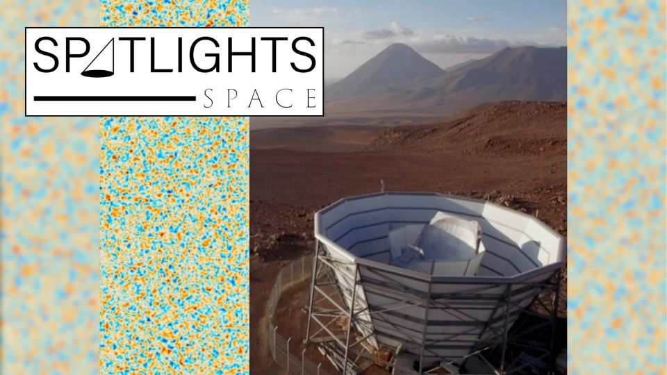 Colourful cosmic microwave background map next to a large radio telescope in the Chilean Desert with mountains in the background.