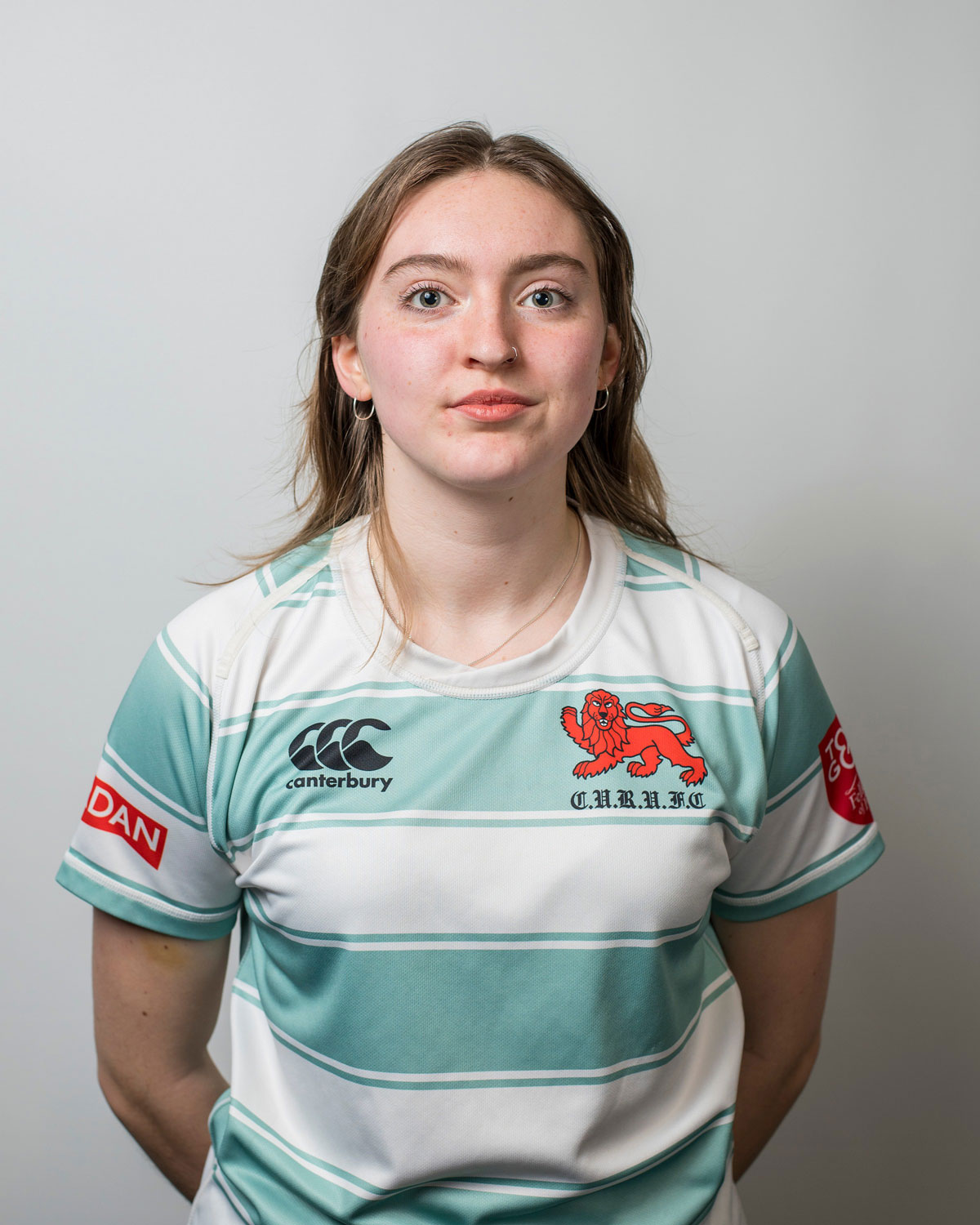 Lucy Harding in Blues rugby kit